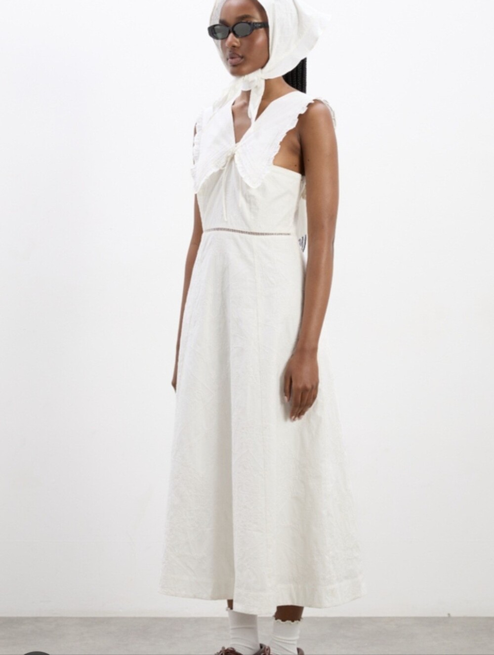 Damson Madder Embroidered White Midi Dress Patchwork Broderie